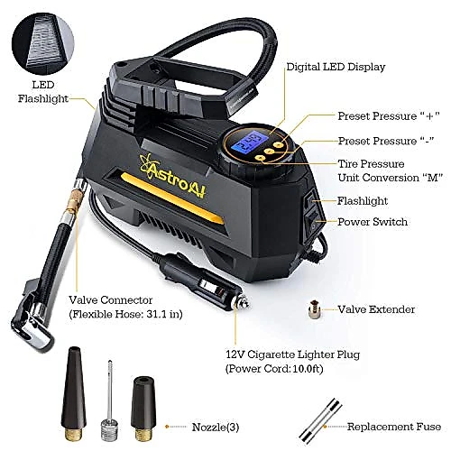 AstroAI Mini Compressor de Ar Elétrico Automotivo portátil 12V DC 100 PSI 120W c manômetro digital e luz LED
