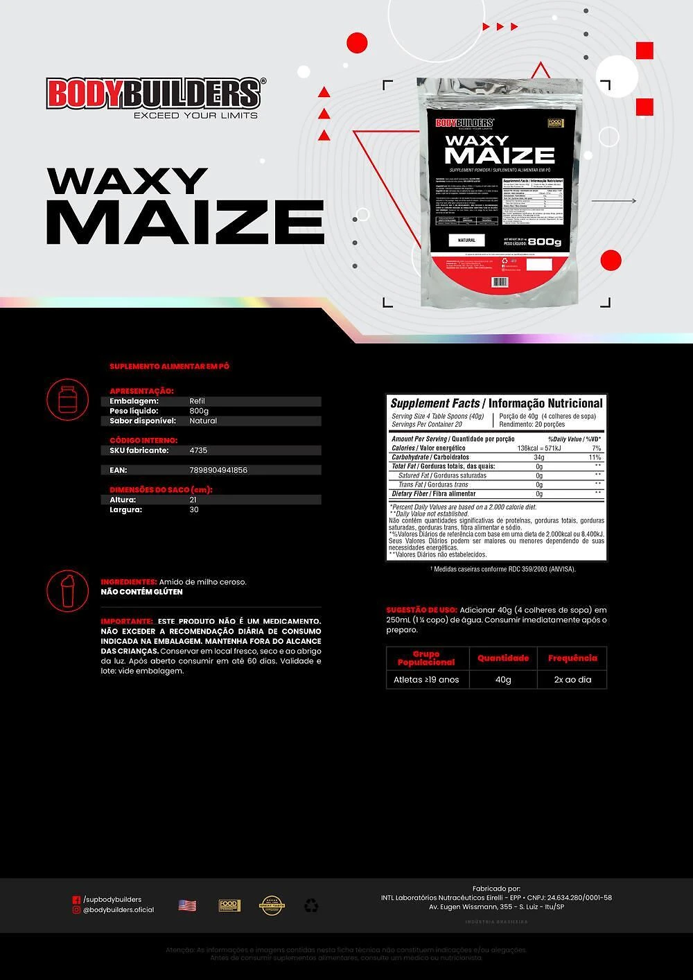 Miniatura Kit Hipercalórico Waxy Mass 3Kg+ Waxy Maize 800G Natural