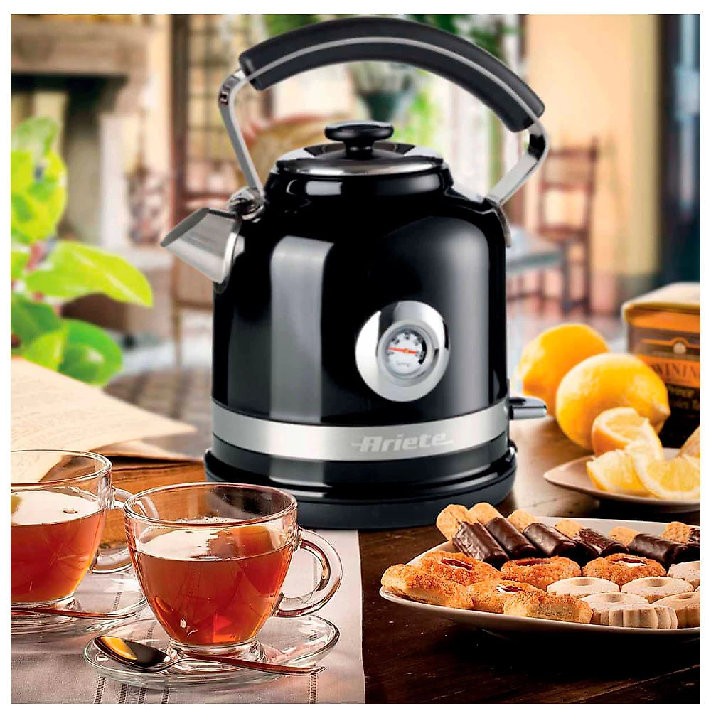 Ariete 2854, Chaleira Eletrica Moderna Preta, Aço Inoxidável, 1.7 L, Desligamento Automático, Base 360º, Termômetro Externo, 1850 Wats - 220V 220