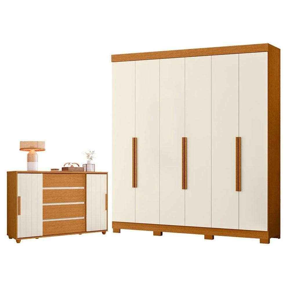 Guarda Roupa Casal Vinci 6 Portas de Correr 7 Gavetas MDP Cômoda Evidenza Cinamomo Off White