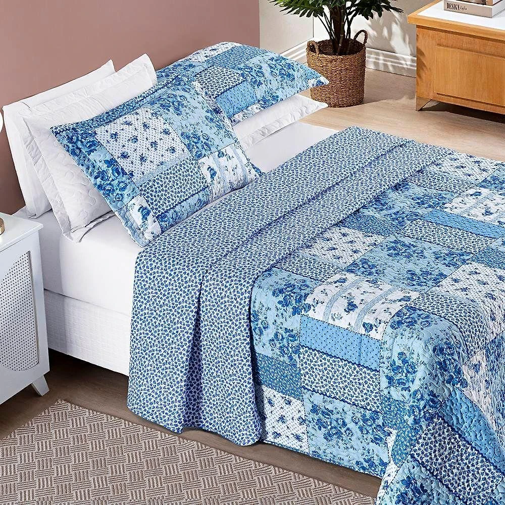 Colcha Queen Bouti Estampada Dupla Face 3 Peças - Azul Sereno
