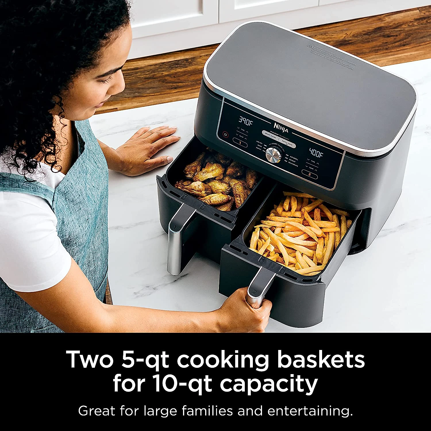 Ninja DZ401 Foodi 10 Quart 6in1 DualZone XL 2Basket Air Fryer with 2 Independent Frying Baskets Match Cook e Smart Finish to Roast Broil Dehydrate e More for Quick Easy FamilySized Meals Grey