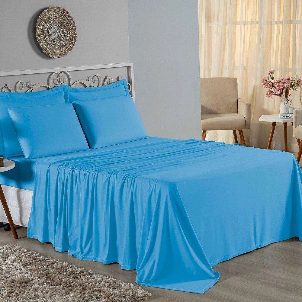 Jogo De Cama King Nobre 4 Peças Lençol Com Elástico De 30cm De Altura Malha 100% Algodão - Turquesa