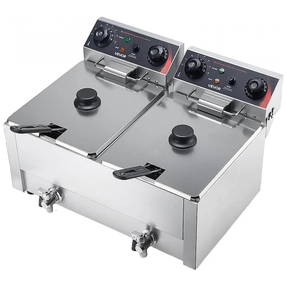 Fritadeira Elétrica Comercial VEVOR Duplo Tanque 18L Aço Inox com Temporizador e Dreno de Óleo 110V