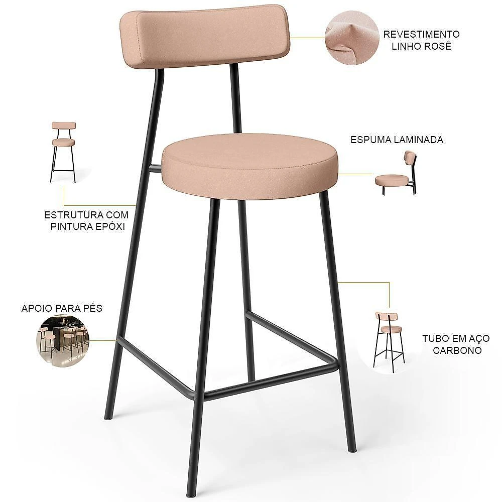 Kit 02 Banquetas Baixa Para Cozinha Sala De Jantar Bar Bancada Milão L02 Linho Rosê
