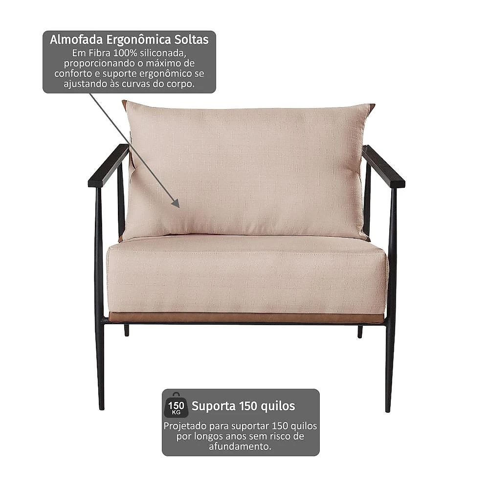 Poltrona em Estrutura de Metal, Estofada e Almofada Inclusa Ferco Poltrona em Linho 70cm com Estrutura de Metal Ferco Bege Claro