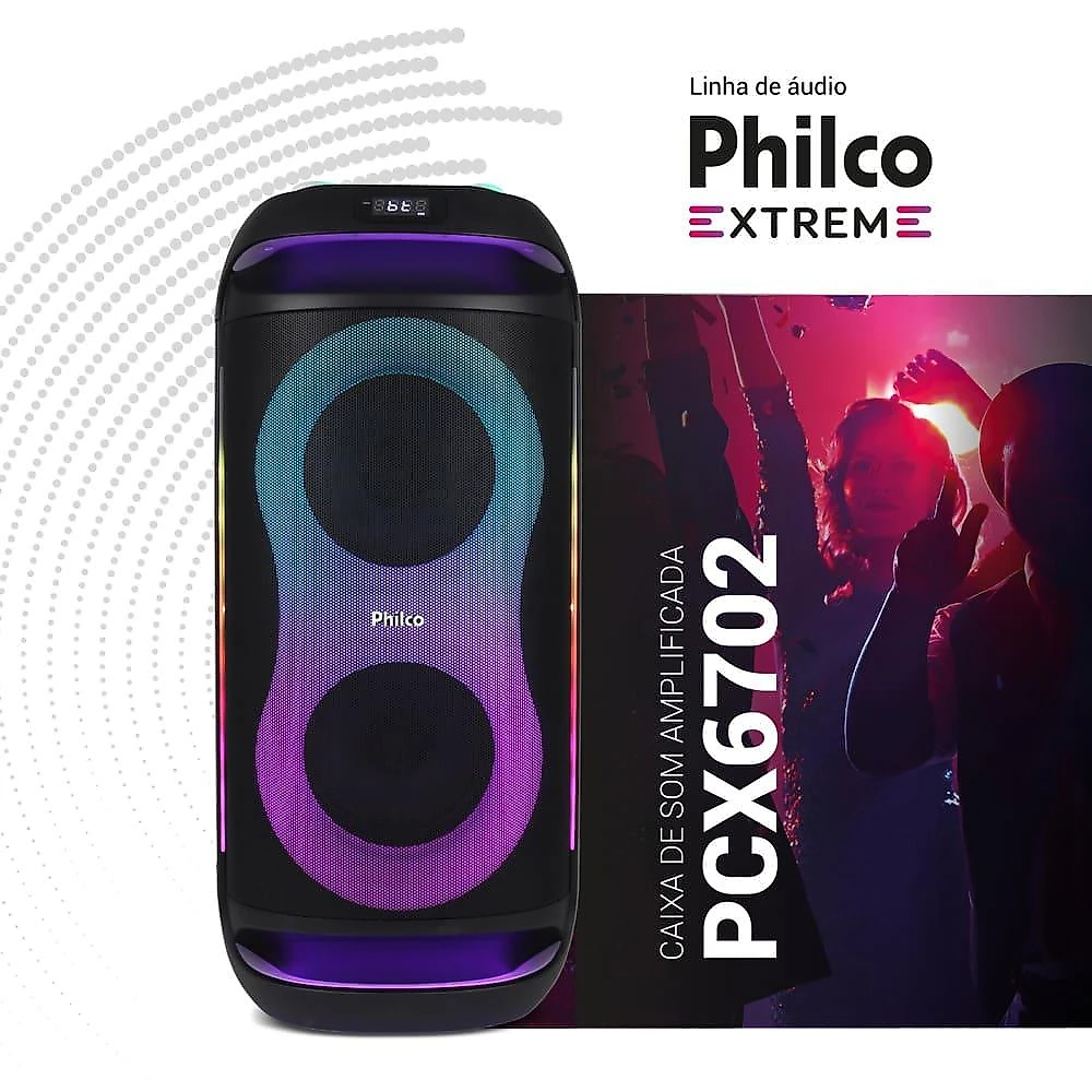 Caixa de som amplificada philco pcx6702 com bluetooth, ex bass, iluminação led e até 12h de bateria - 800w