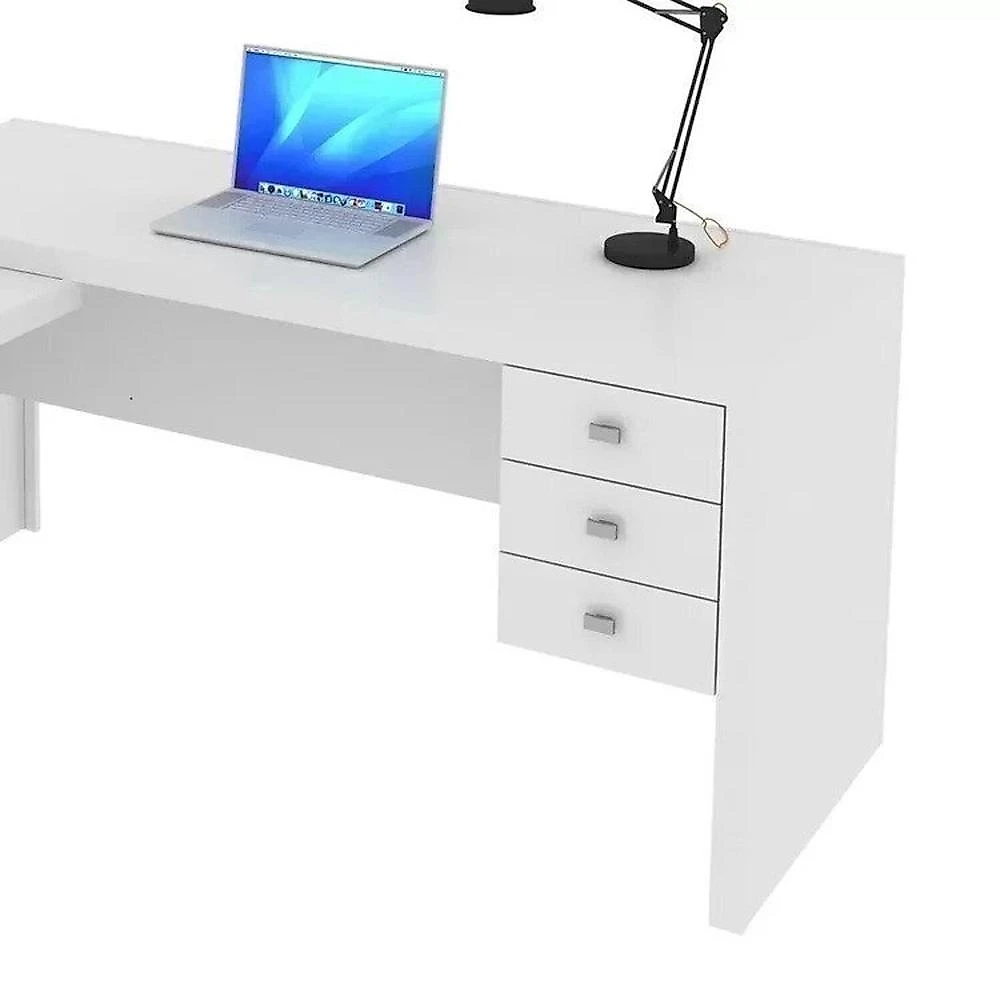 Kit 4 Peças com 2 Mesas Escritório em L e  2 Armários Multiuso Conjunto de Escritório 2 Mesas em L 3 Gavetas 2 Armários 5 Prateleiras Branco