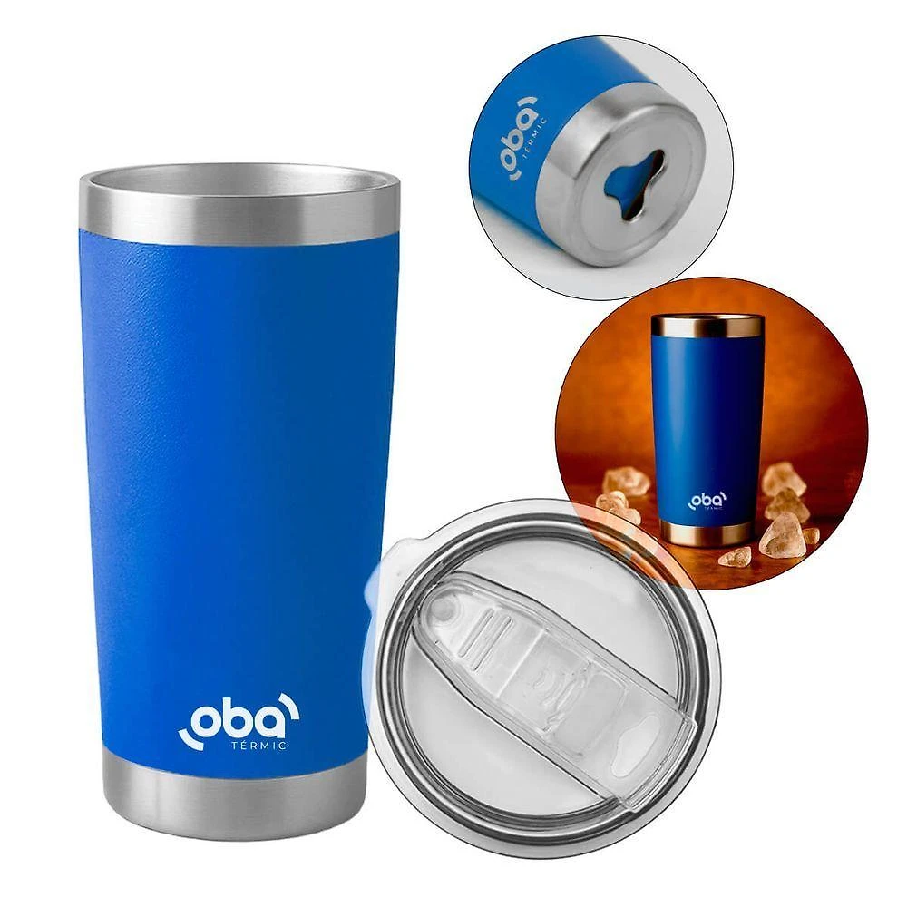 Copo Térmico Brasil Azul Parede Dupla Aço Inoxidável Isolamento a Vácuo Azul Oba Mix 591ML