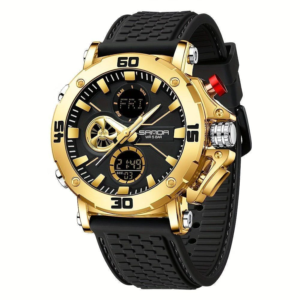 Relógio Cronógrafo De Negócios De Luxo Para Homens - Dupla Mostragem Preto Dourado