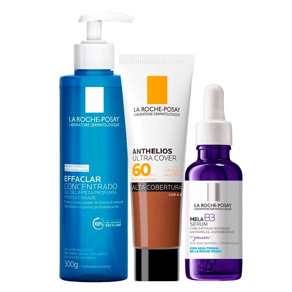 La Roche-Posay Kit - Gel de Limpeza Facial + Sérum Facial + Protetor Solar Facial com Cor FPS60 para Rejuvenescimento Facial