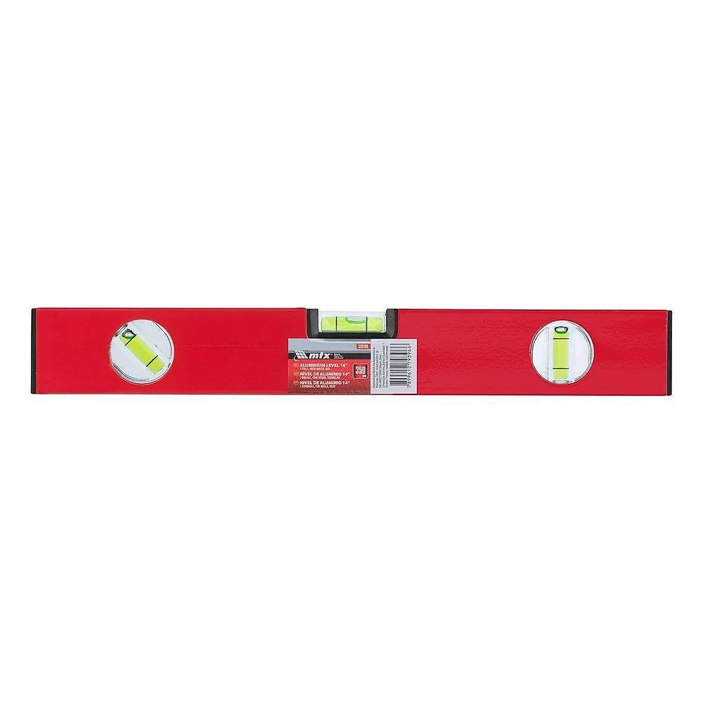 Nível de Alumínio com Régua 3 Bolhas 350mm 14'' 332199 para Construção Vermelho MTX