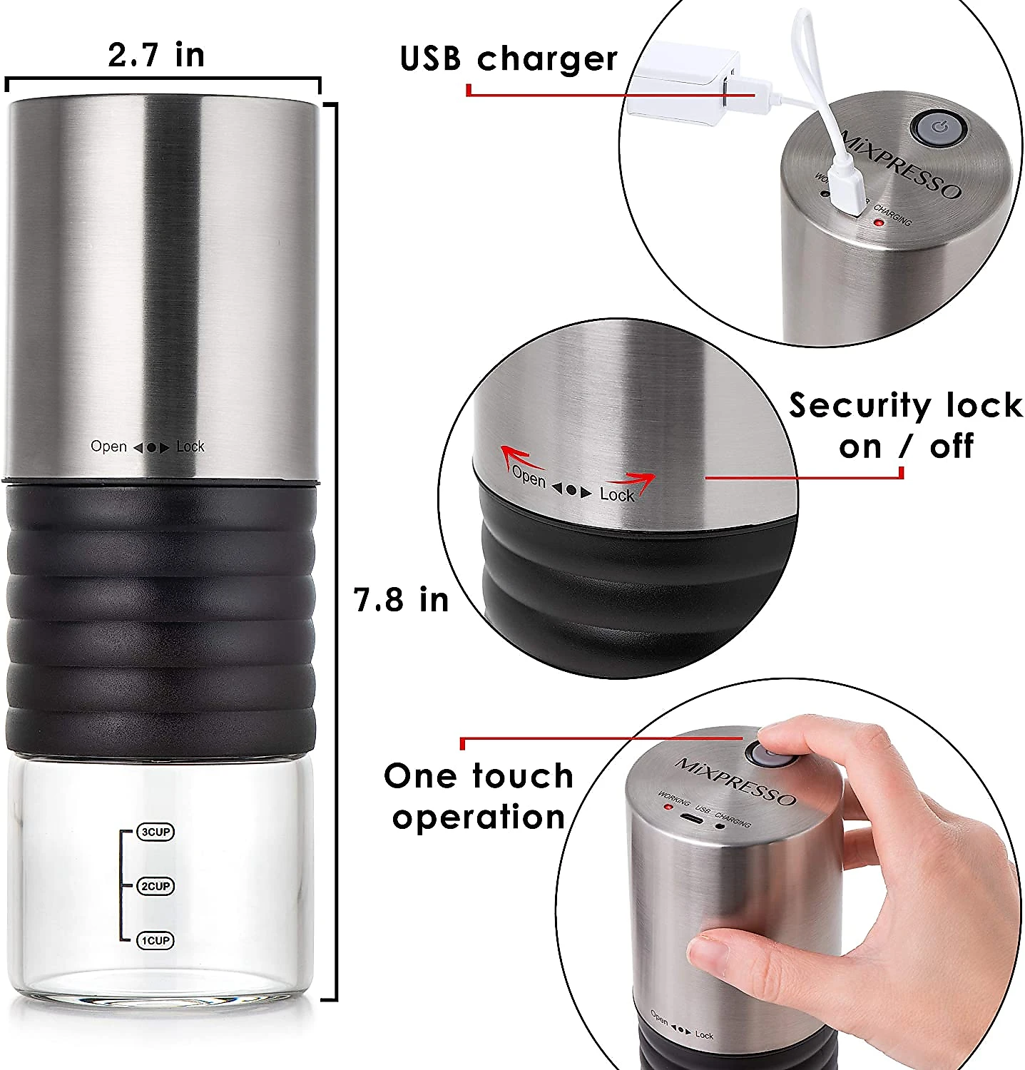 Mixpresso ELCGRUSBR Moedor de Café e Grãos Elétrico Pr ofissional 720g Aço Inoxidável 300W110V Prata