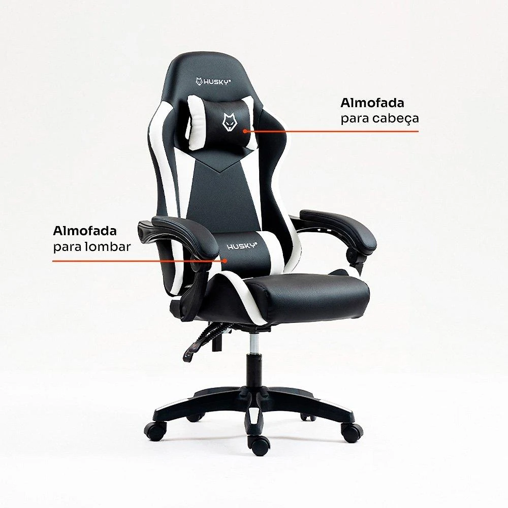 Cadeira Gamer Husky Storm 100, Até 120kg, Almofadas, Reclinável 135º,  PU, Preta E Branca - HCG100PTBR