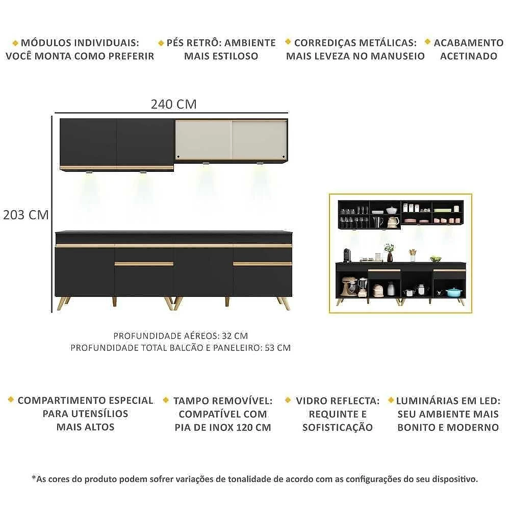 Cozinha Compacta 4 Peças Com Leds Mp2021 Veneza Up Multimóveis Preta