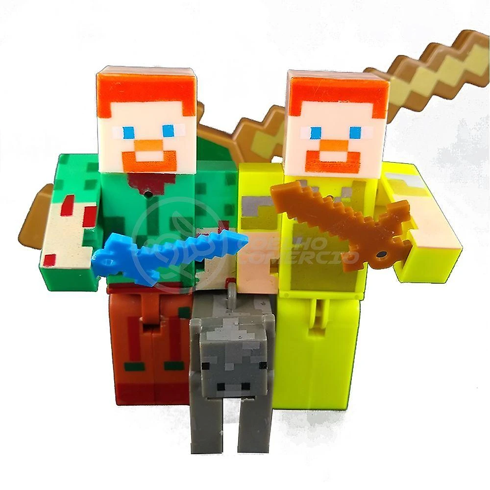 Kit Cartelado Minecraft 2 Bonecos + 1 Espada Minecraft 31Cm
