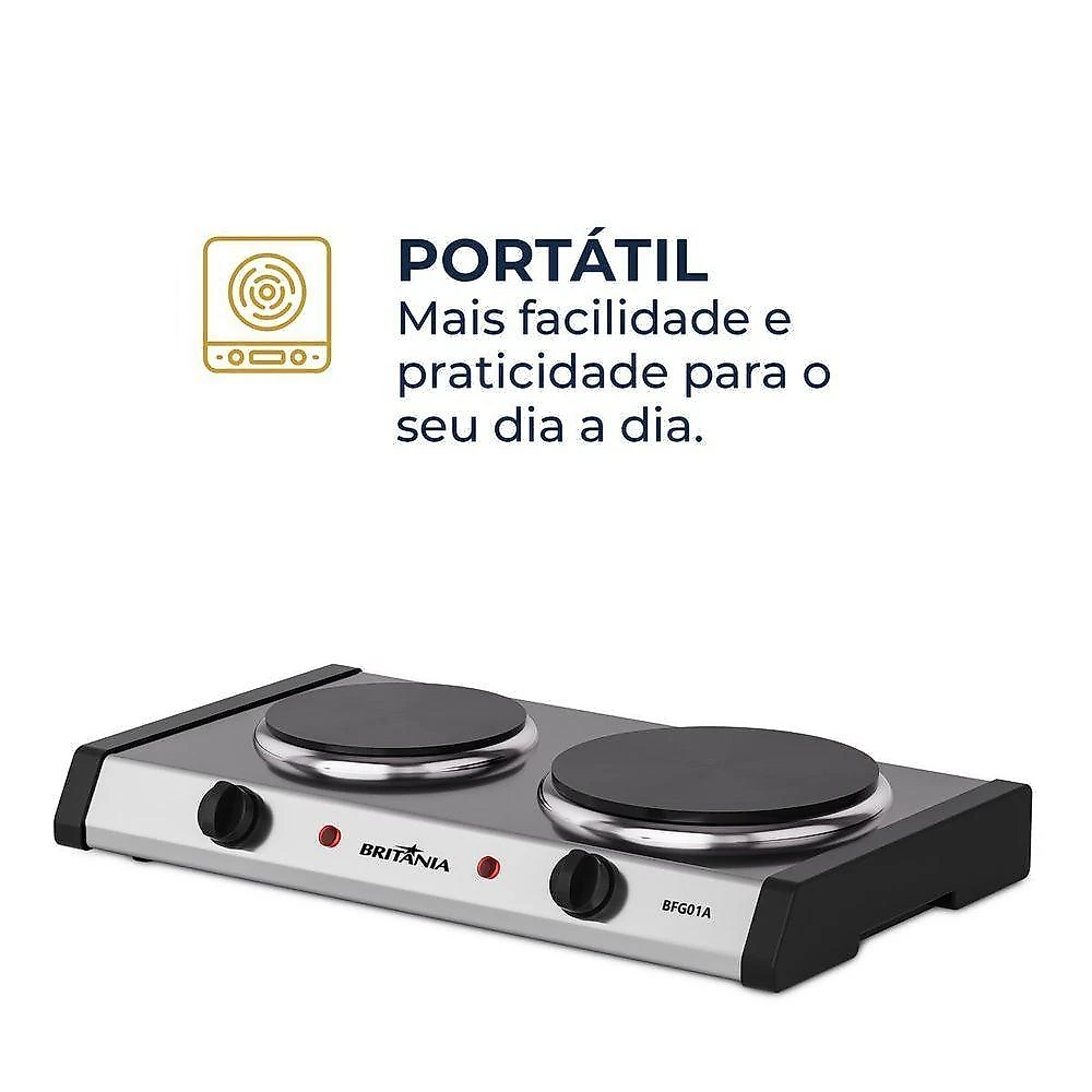Fogão Elétrico de Mesa Britânia BFG01A 2 Bocas Aço Inox Branco com Temperatura Ajustável 220V