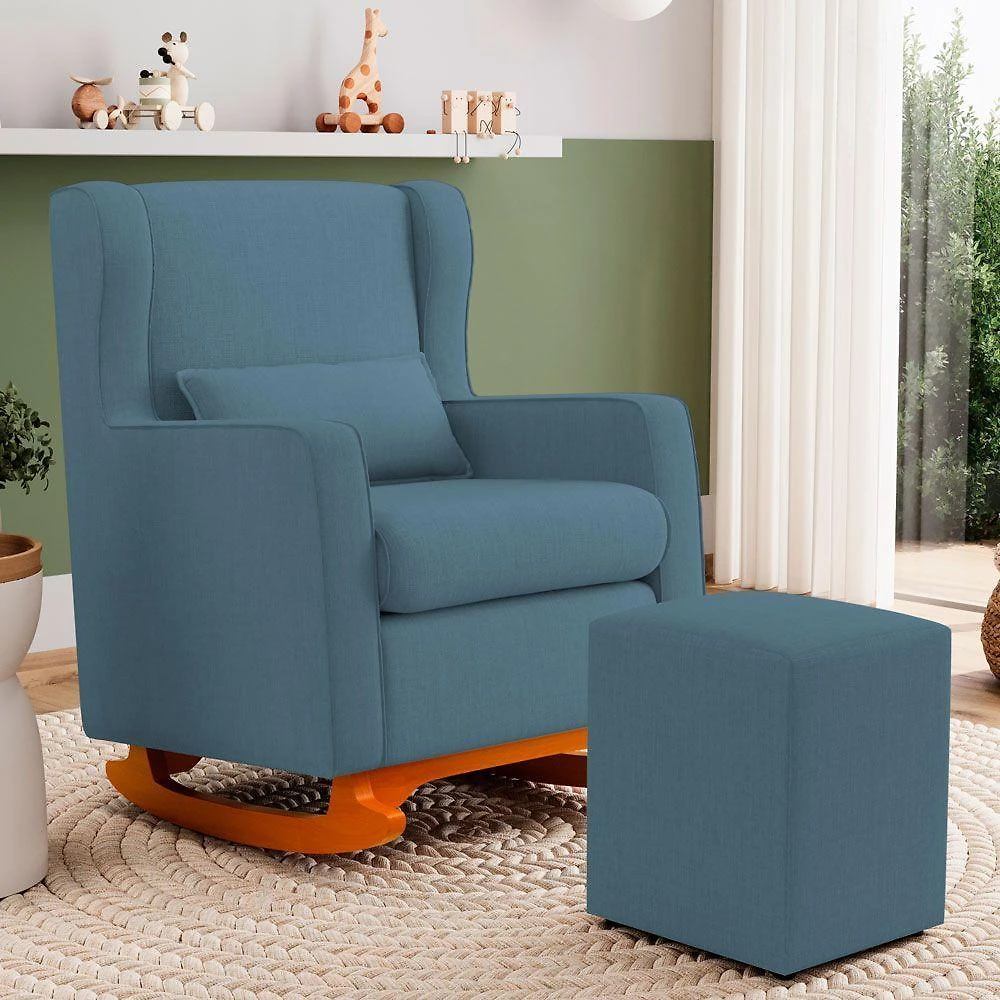 Poltrona Decorativa Zoe com Base Balanço e Puff Linho Denim Conforto Azul Abmaza