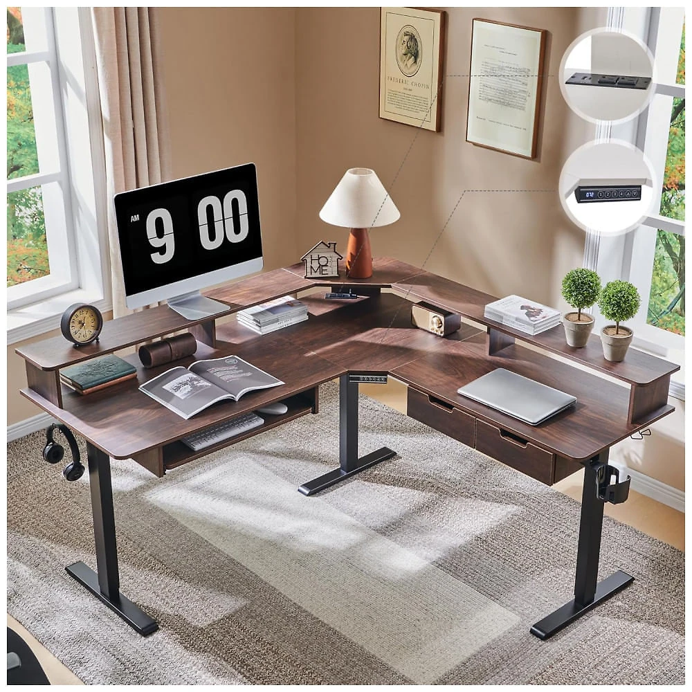 Mesa Gamer em L Elétrica RedLemon Nogueira Escura 152 cm com Altura Ajustável, Gavetas, Bandeja Teclado, Tomadas e Luzes LED, Modelo ELD60LS-DWT