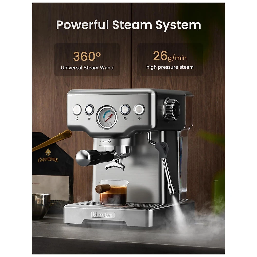 Máquina de Espresso 15 Bar, Vaporizador de Leite, Manômetro Visível, 1,8L, Neretva, Inox, Prata, 220V