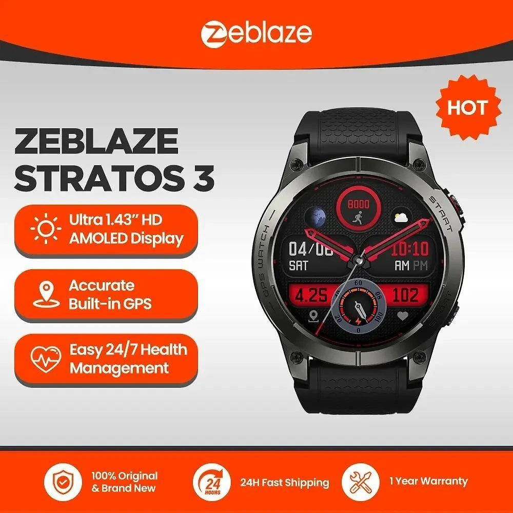 Miniatura Relógio Zeblaze Stratos 3 Premium, Tela Ultra Hd Amoled, Gps Embutido, Hi-fi Bluetooth Preto