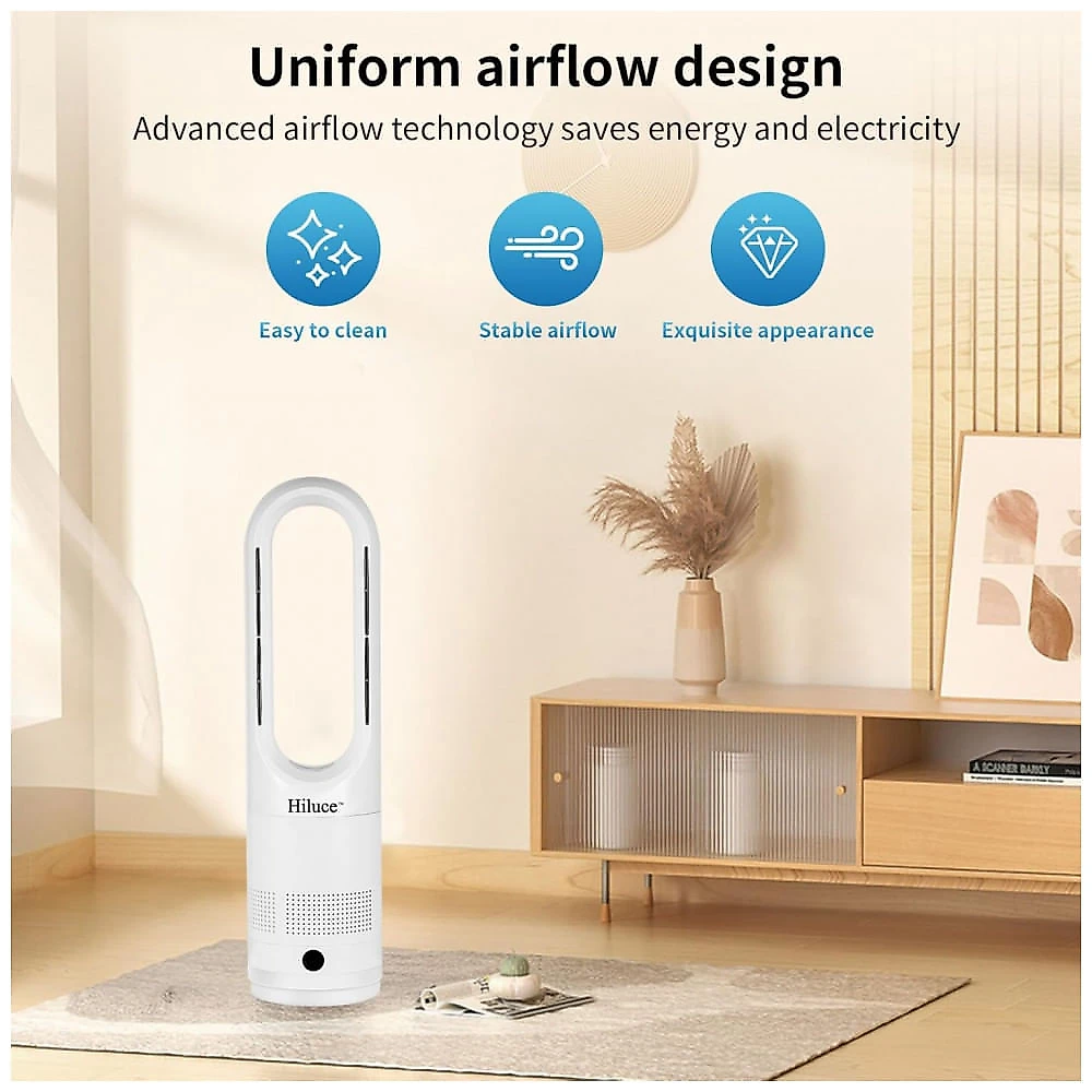 Ventilador Torre Sem Pas Hiluce Branco Aquecedor 1400W Resfriador 40W Oscilacao 90 graus 8 Velocidades Timer 9h 120V