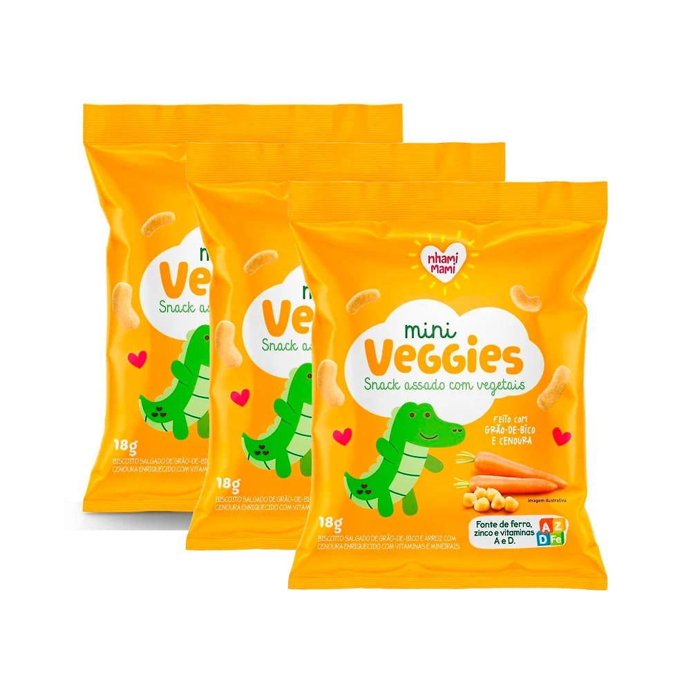 Kit 3 Biscoito Nhami Mami Mini Veggie Snack Grão de Bico e Cenoura 18g