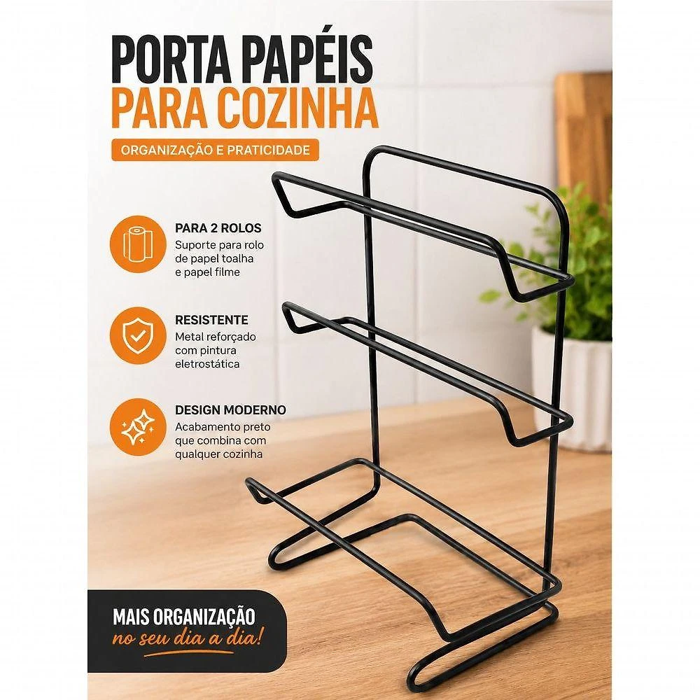 Suporte Organizador Aramado para Papel Toalha Metal Design Moderno Cozinha Preto