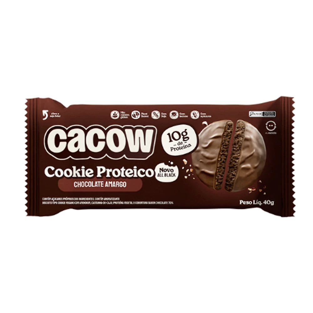 Cookie Proteico Cacow All Black Sabor Chocolate Amargo com 10g de Proteína 40g
