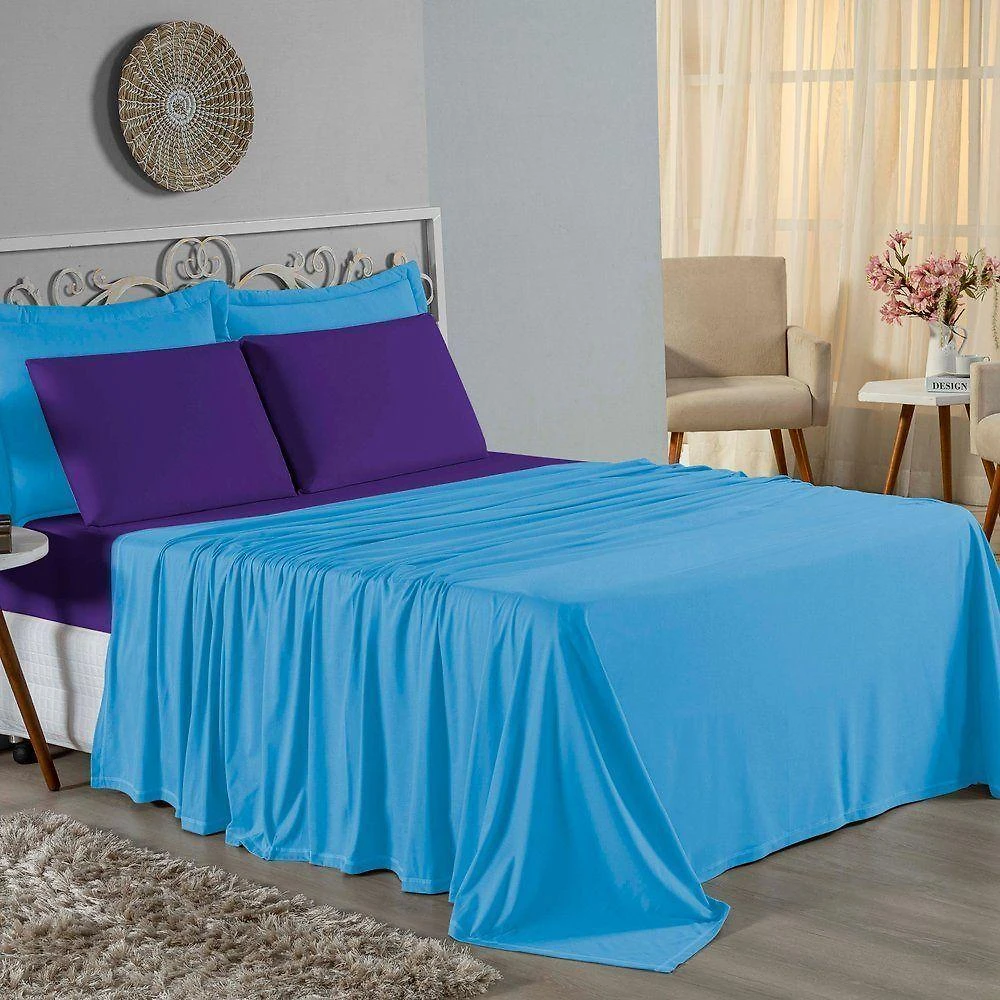 Jogo De Cama Casal Viúva Nobre 4 Peças Malha 100% Algodão - Turquesa / Roxo