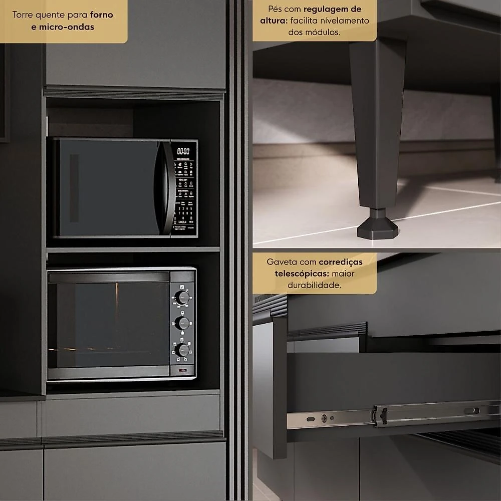 Armário de Cozinha Modulada Completa com Pia 251,5cm Milano Multimóveis MCR2395 Grafite/Creme