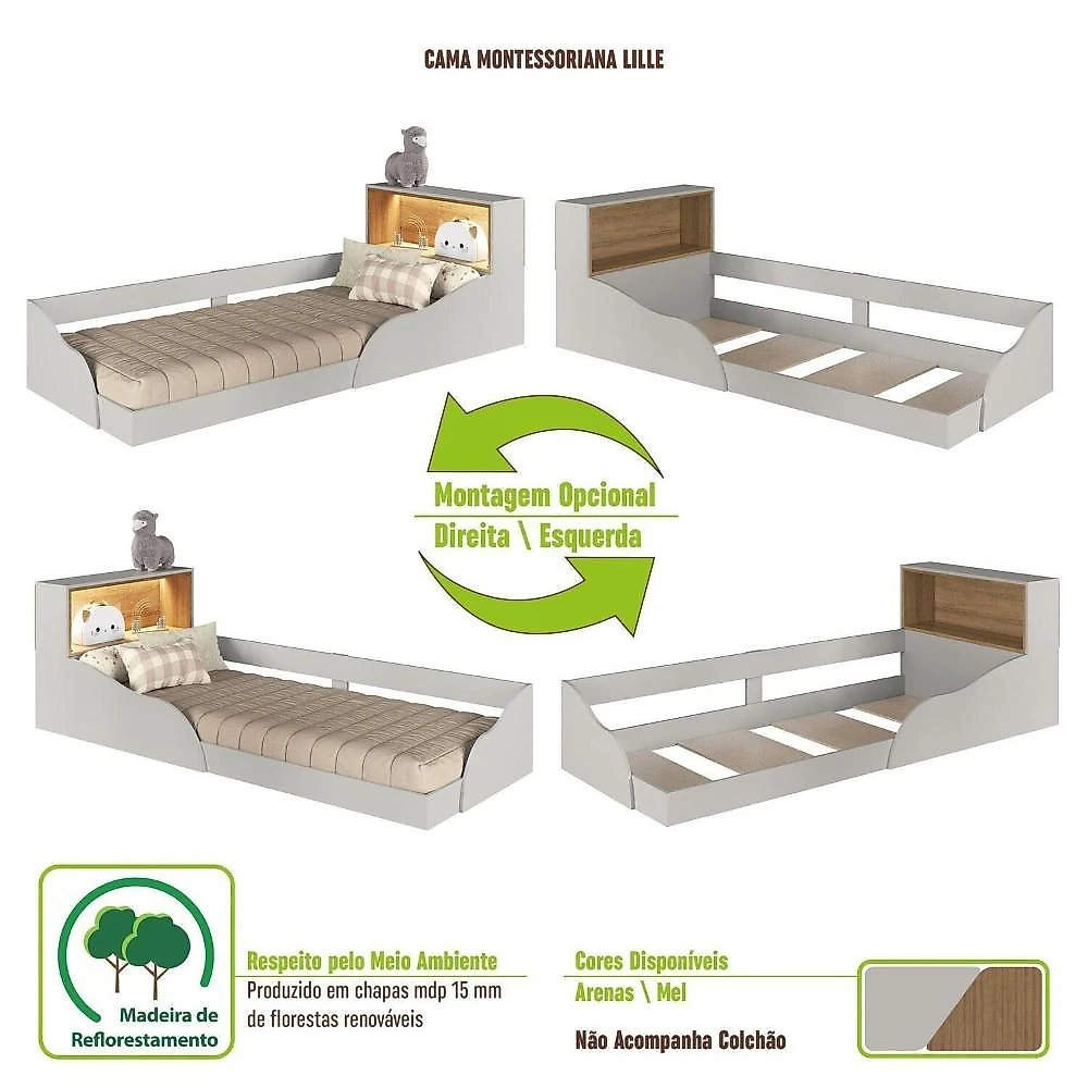 Quarto Infantil com Cama Solteiro Montessoriana com Iluminação Led e Guarda-roupas Lille Arenas