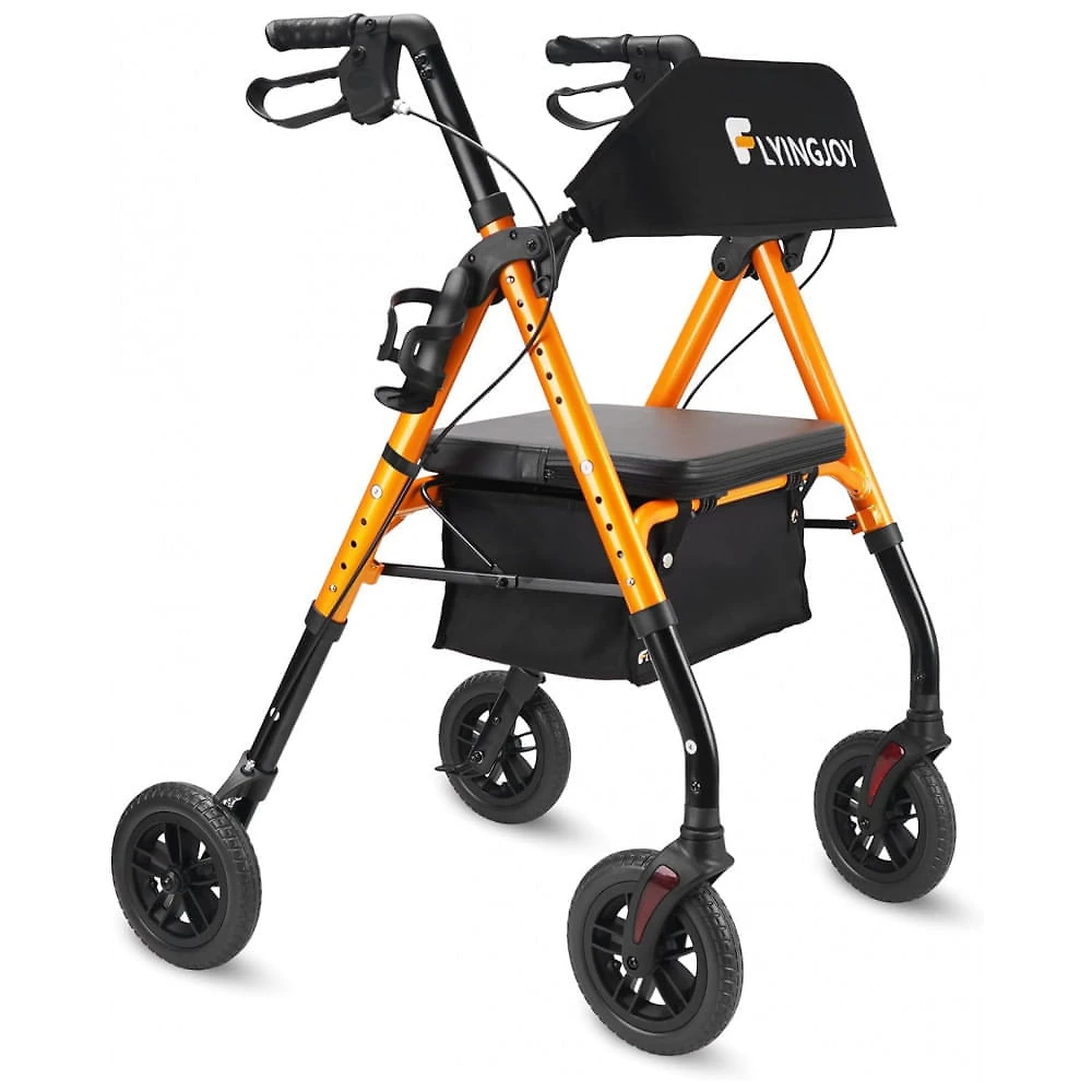 Andador para Idoso Dobrável até 136kg com Assento, Encosto Extra Largo e Suporte para Bengala, FlyingJoy, Laranja