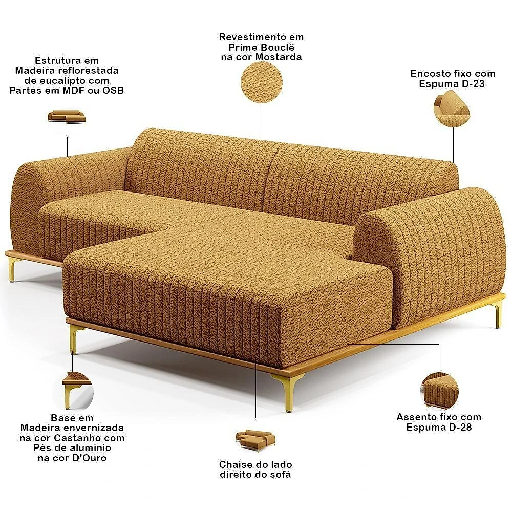 Sofá 5 Lugares Chaise Direito Sala Molino 300cm D02 Pés D\'ouro Prime Bouclê Mostarda Pb-03