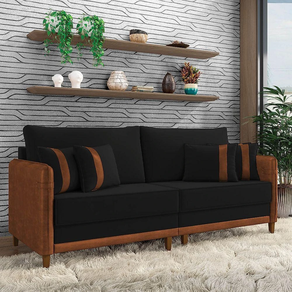 Sofá 3 Lugares Living 212cm Pé Madeira Valença Marrom/veludo Preto K01 - D\'rossi