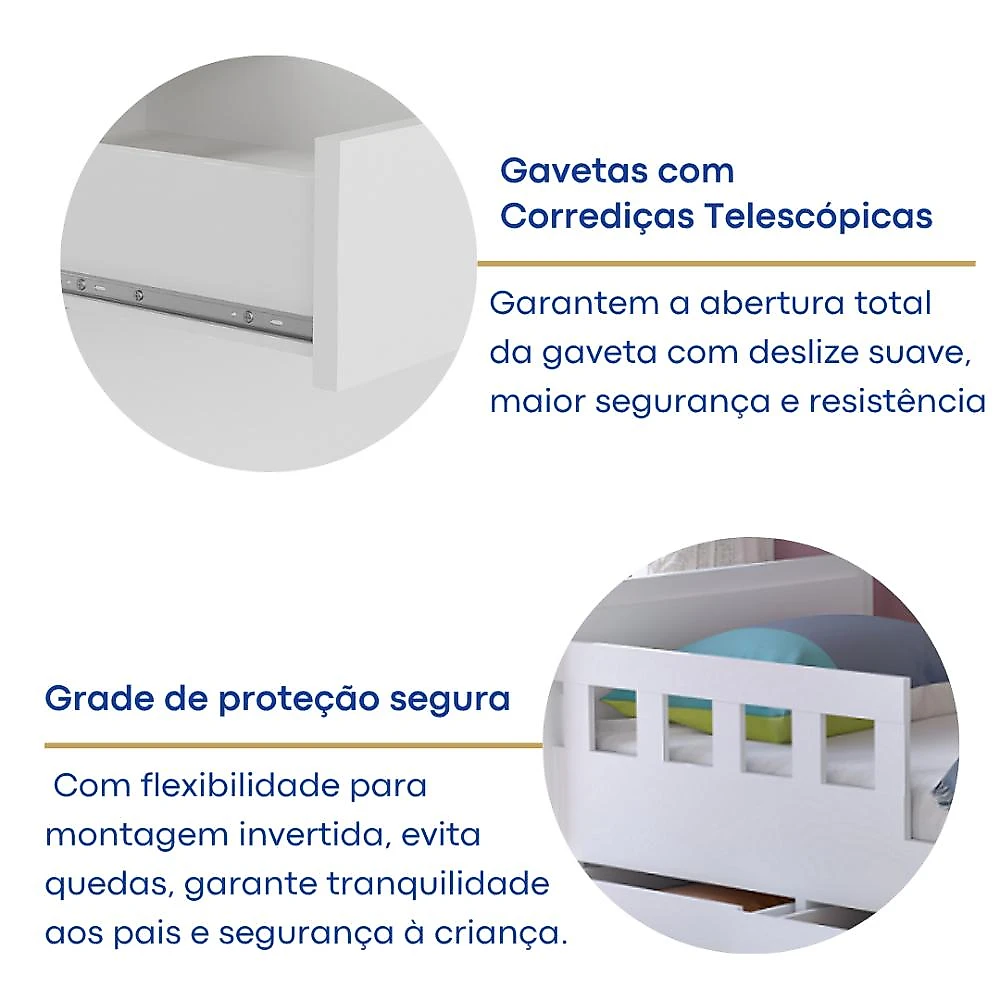 Bicama Solteiro 3 Gavetas Foscarini Branco