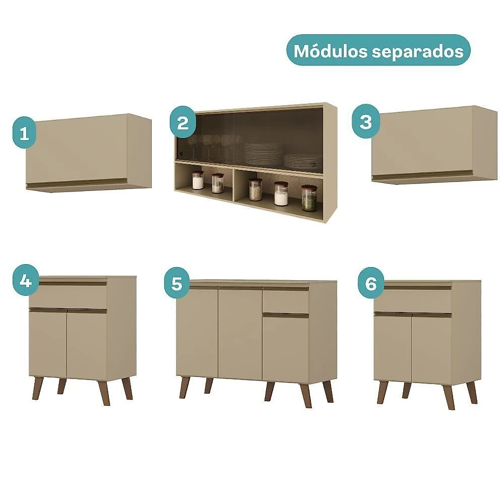 Armário de Cozinha Completa Atlanta Smart 6 Módulos Amêndoa Móveis Carraro
