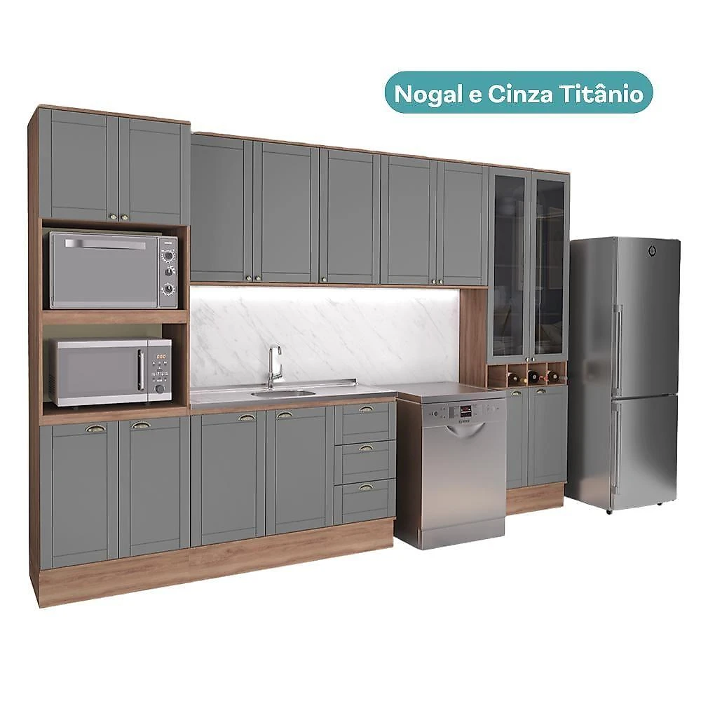 Cozinha Completa Milla Plano 15 Portas 3 Gavetas MDF MDP 380CM Nogal com Cinza Titânio Móveis webcontinental-7893455168912