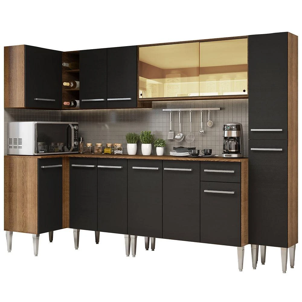 Cozinha completa de canto madesa emilly wave com armário vidro reflex, balcão e paneleiro