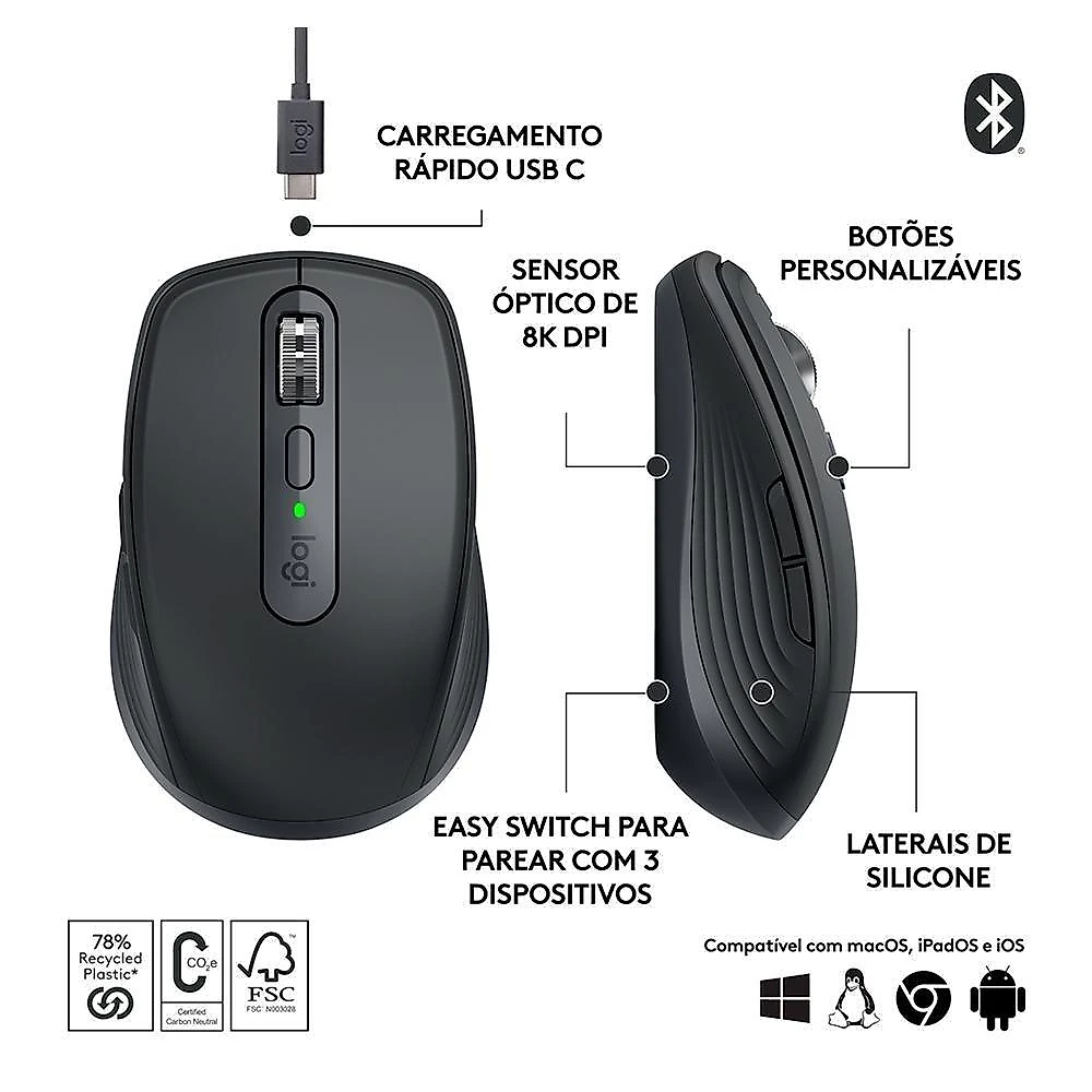 Mouse Sem Fio Logitech MX Anywhere 3S, Bluetooth, Clique Silencioso, Recarregável, Grafite - 910-006932