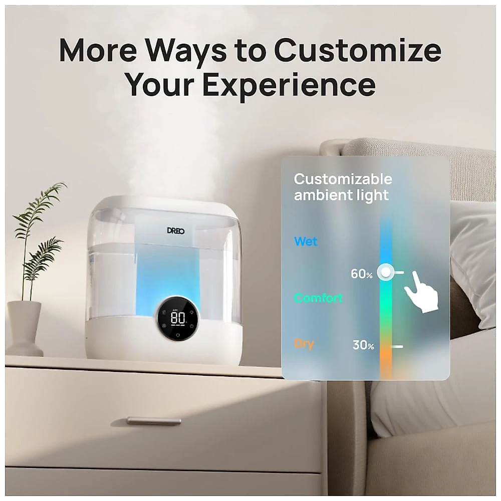 Umidificador Dreo para Quarto, 6 Litros, Design Top Fill, Silencioso, Luz Noturna - Ideal para Ambientes Grandes, Branco