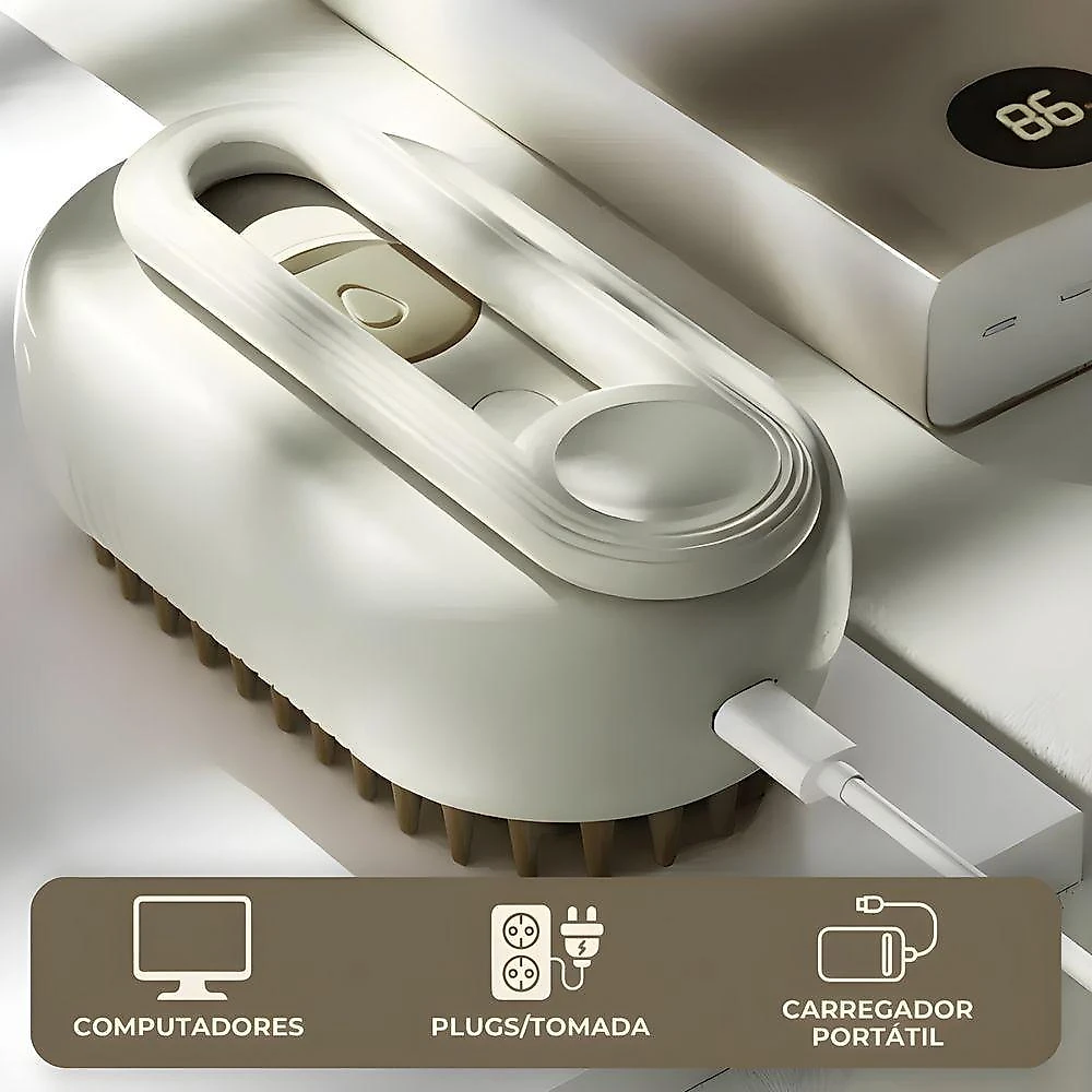 Escova a Vapor para Pets Utimix 3 em 1 para Gatos e Cães em ABS Branco com Bege Recarregável
