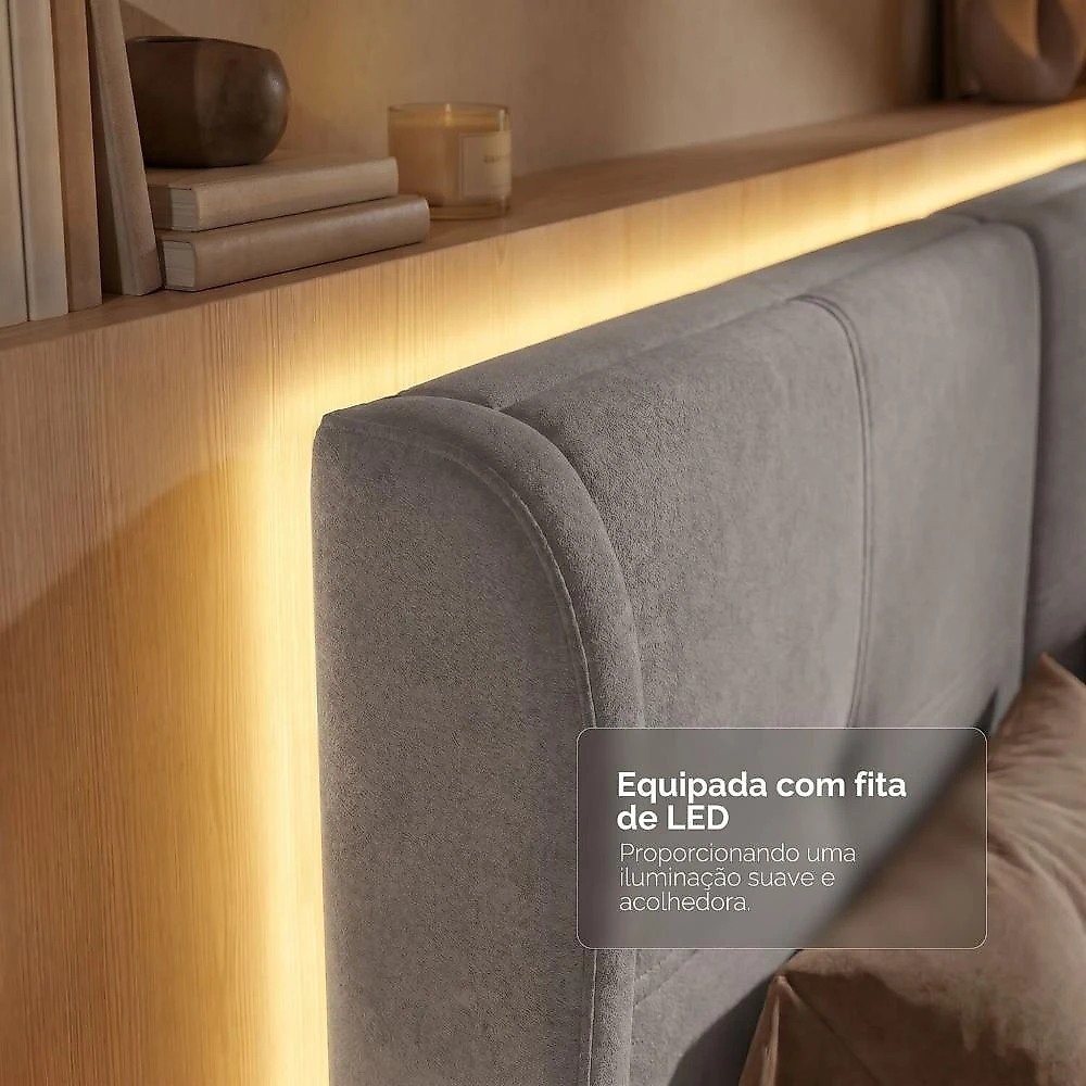 Cama Estofada Queen com Estrutura Reforçada e Design Moderno Aura Cinza