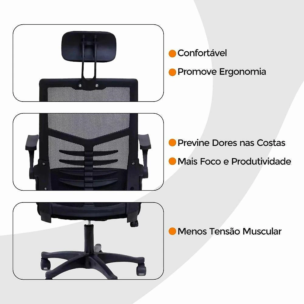 Cadeira de Escritório Diretor Relax Executiva Tela Mesh Base Giratória com Apoio Reclinável Preta