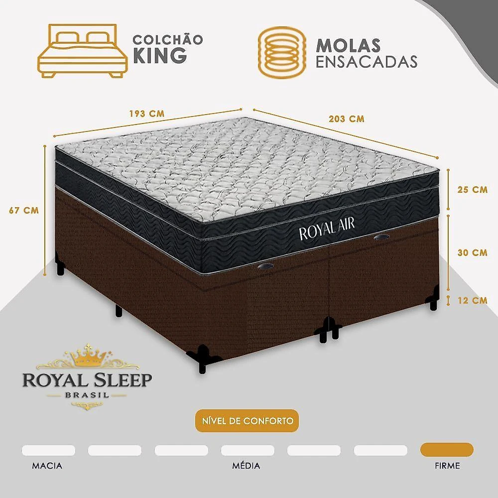 Kit Cama Box Baú King Royal Air Molas Ensacadas Suede Antiácaro Royal