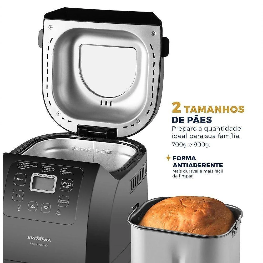 Panificadora britânia bpne01 12 programas 3l preta com timer e manter aquecido 550w 110v