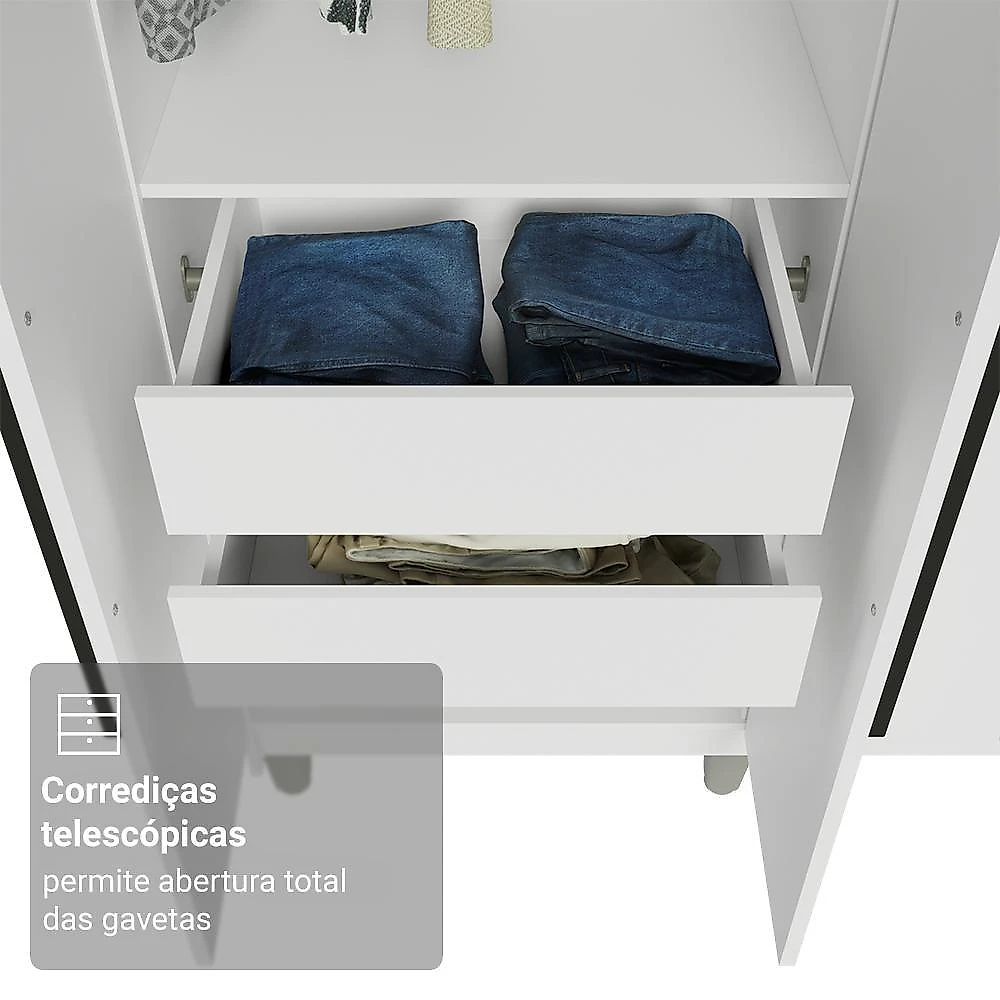 Guarda-roupa casal com pés 8 portas batentes com espelho branco/branco/preto netuno madesa