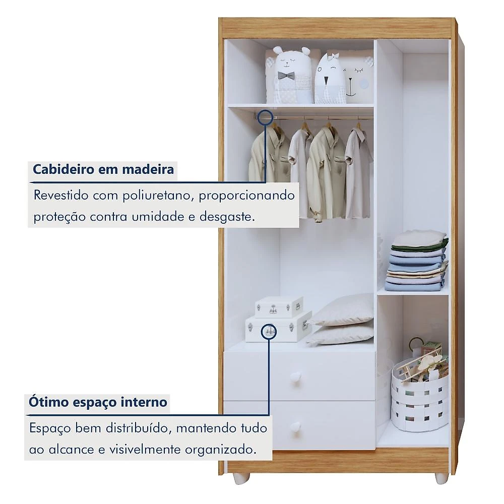 Quarto de Bebê 100% MDF Berço Minicama com Colchão, Cômoda e Guarda Roupa 3 Portas Life Branco/Ypê