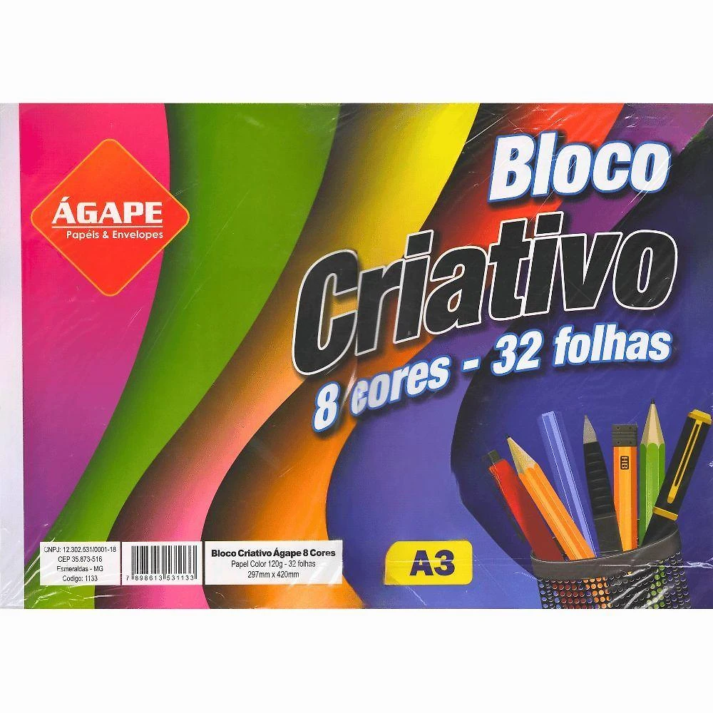 Bloco de Papel Criativo Ágape A3 120G-M² 8 Cores com 32 Folhas