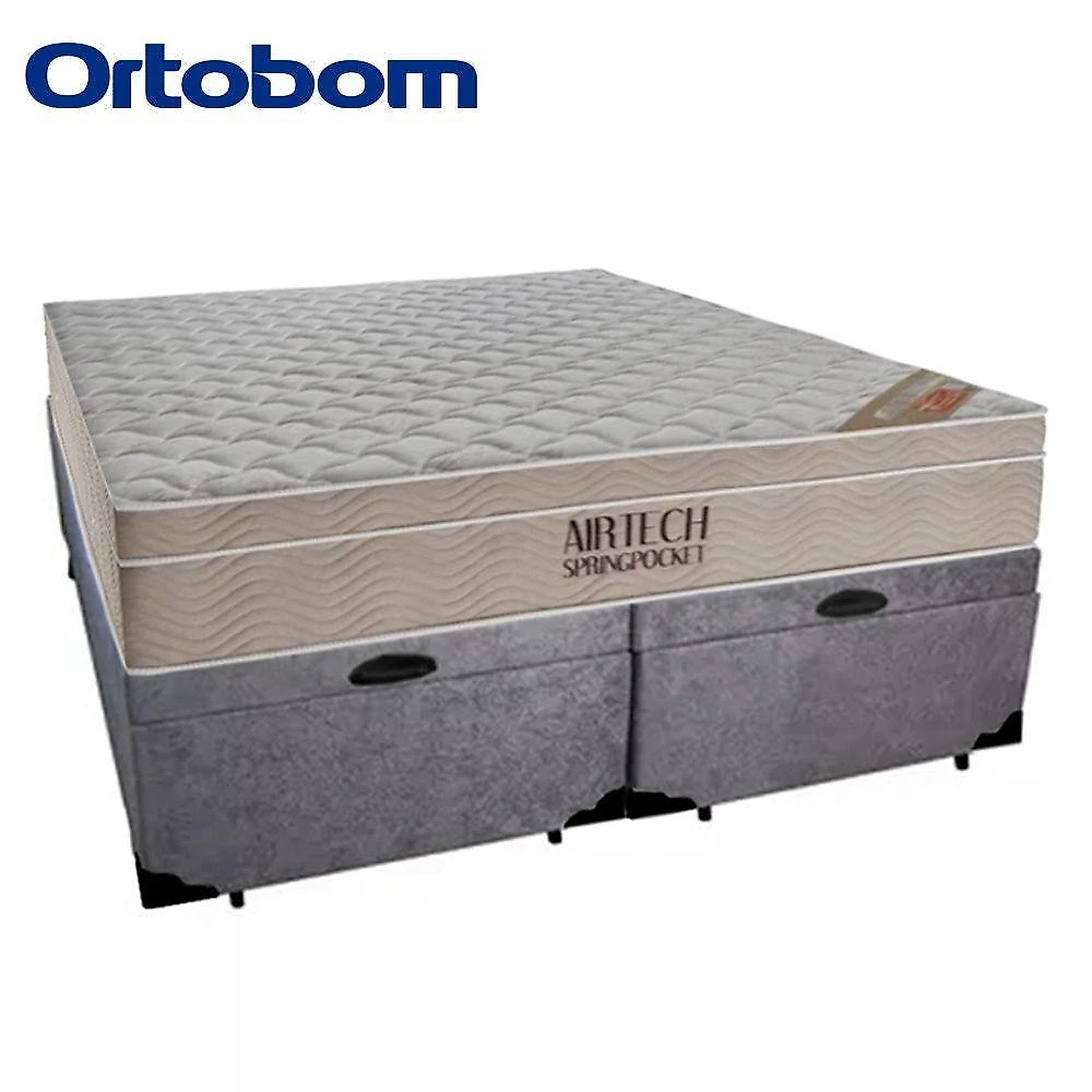 Cama Box com Baú Queen Airtech Suede Bipartido Colchão Molas Ensacadas Cinza Ortobom